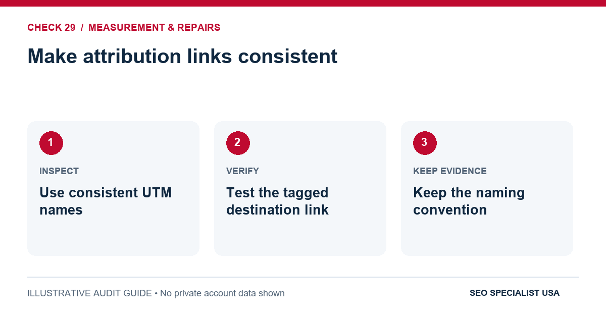 Audit diagram for make attribution links consistent: Use consistent UTM names; Test the tagged destination link; Keep the naming convention.