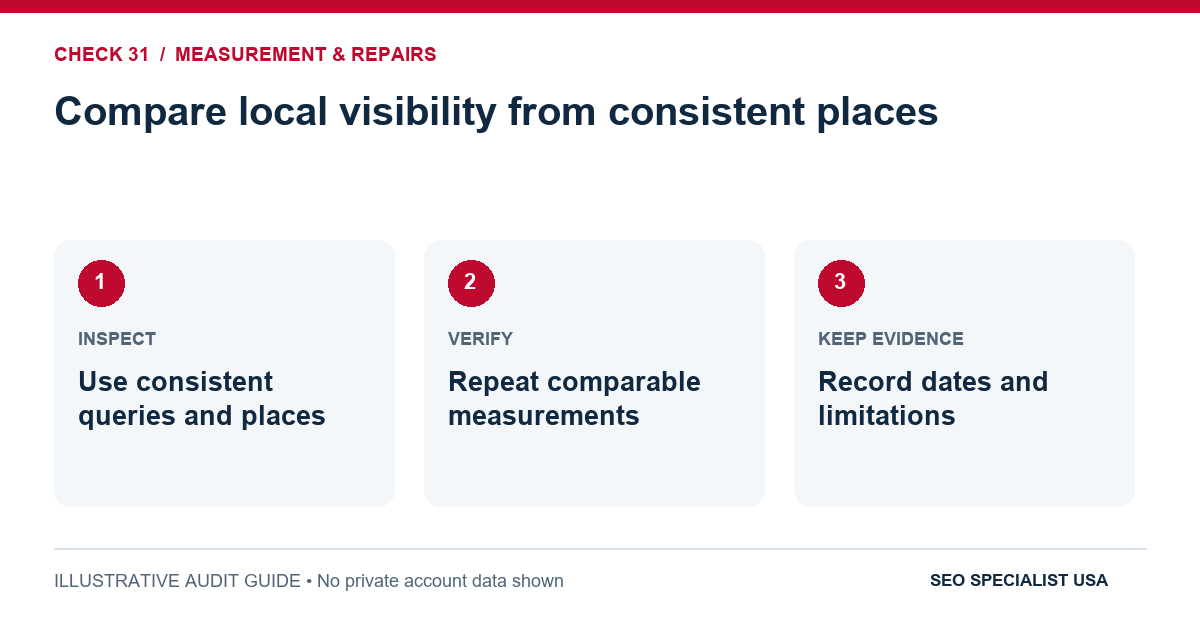 Audit diagram for compare local visibility from consistent places: Use consistent queries and places; Repeat comparable measurements; Record dates and limitations.