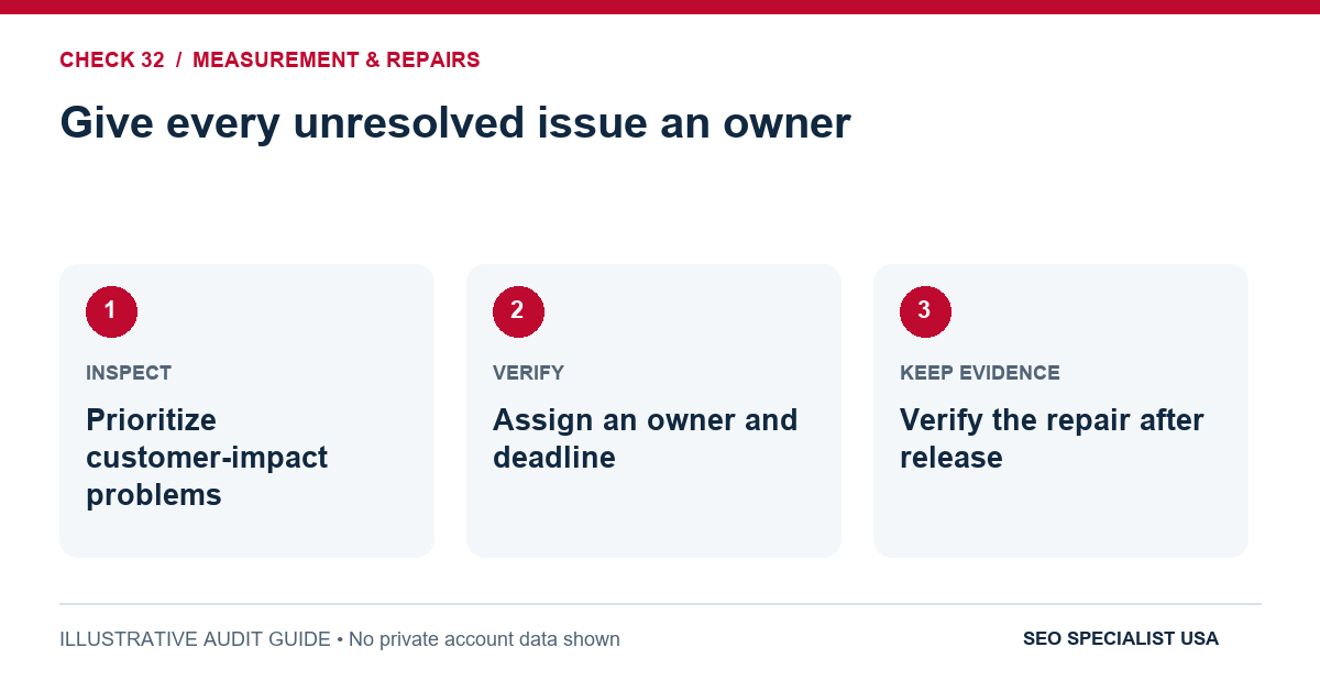 Audit diagram for give every unresolved issue an owner: Prioritize customer-impact problems; Assign an owner and deadline; Verify the repair after release.