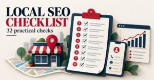 Local SEO checklist illustration with a local shop, map pin, phone and audit clipboard showing 32 practical checks.