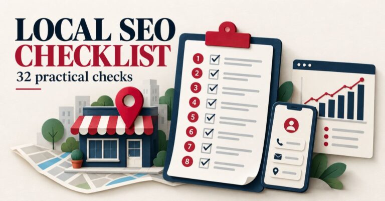 Local SEO checklist illustration with a local shop, map pin, phone and audit clipboard showing 32 practical checks.