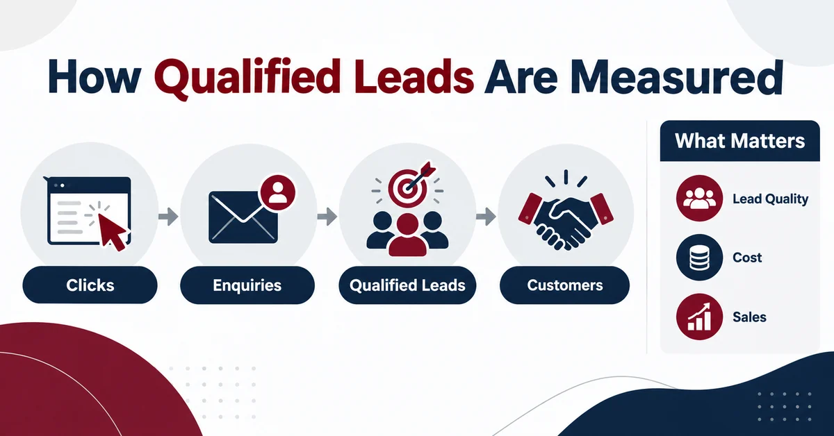 Illustrative lead funnel from clicks and enquiries to qualified leads and customers, focusing on lead quality, cost and sales.