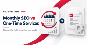 Monthly SEO calendar and one-time SEO checklist illustrating two service models.