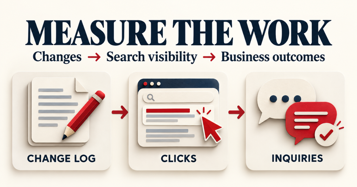 Illustration connecting a page change log to search clicks and business inquiries.