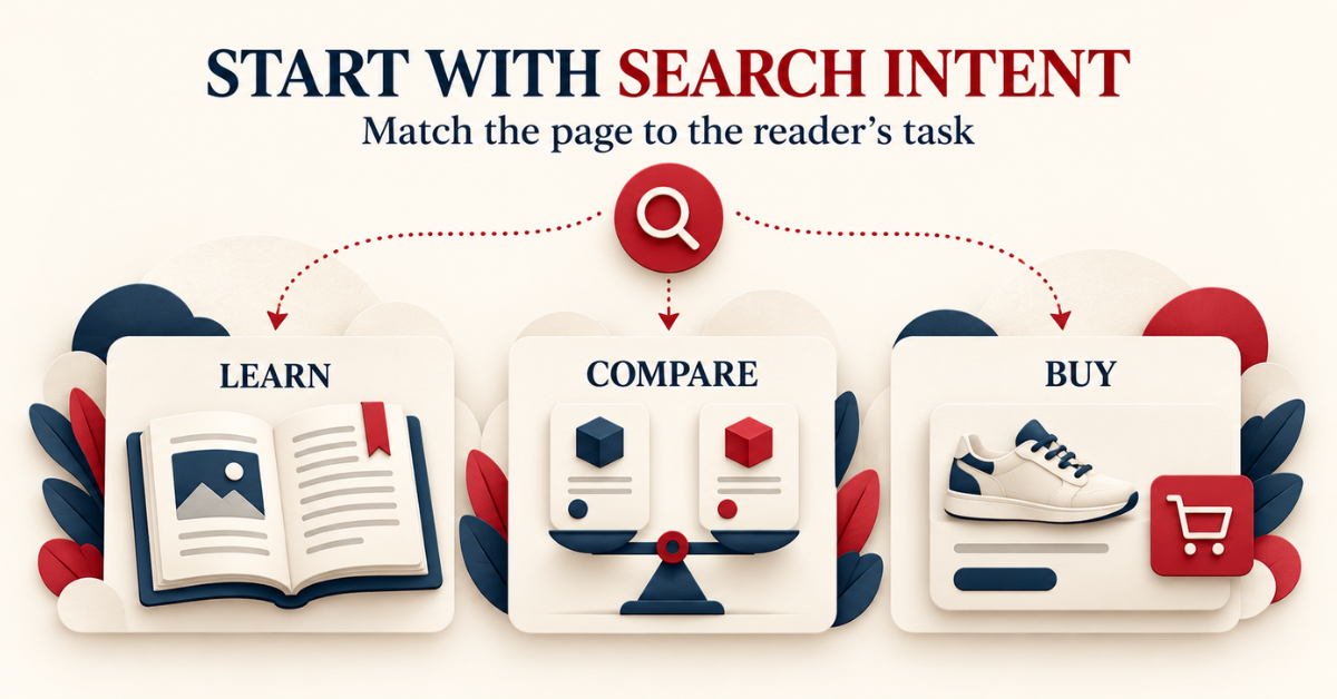 Illustration comparing learning, comparing options, and buying as three different search intentions.