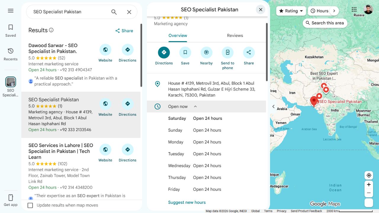 SEO Specialist Pakistan’s public weekly opening-hours panel in Google Maps.