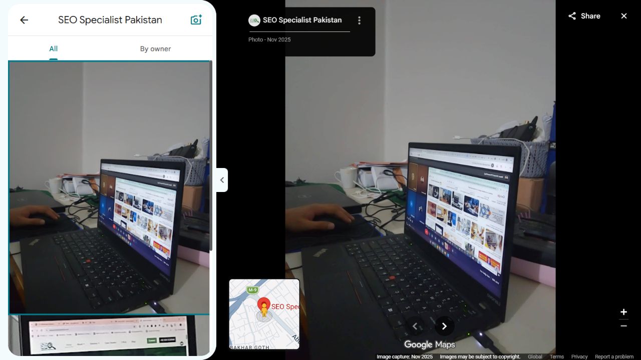 Google Maps photo gallery showing an owner-uploaded SEO Specialist Pakistan workspace photo.