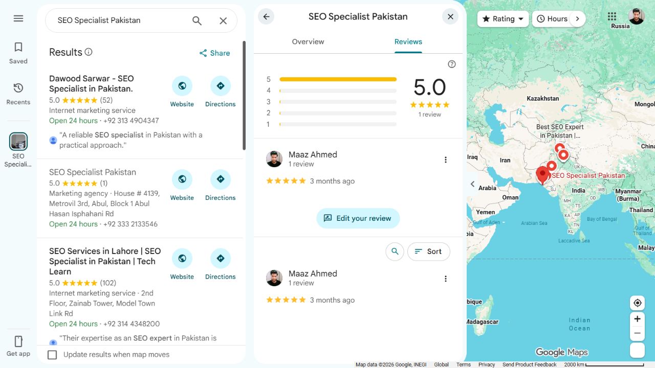 Google Maps Reviews view for SEO Specialist Pakistan, with the rating summary and review controls.