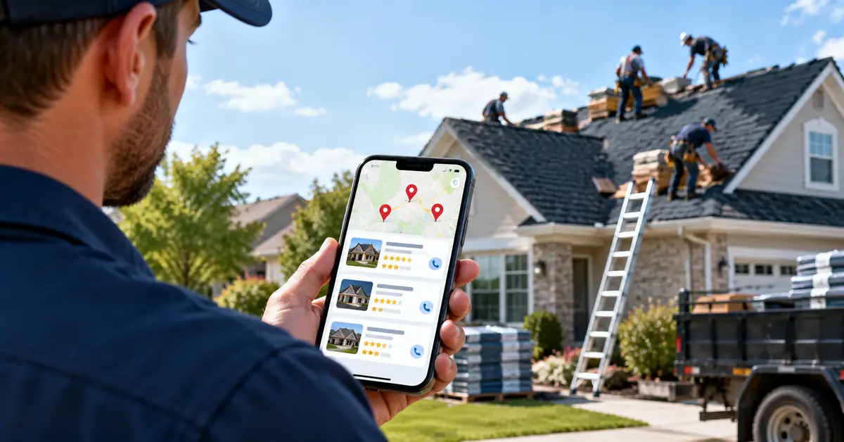 Contractor checks roofing businesses and local service results on a phone