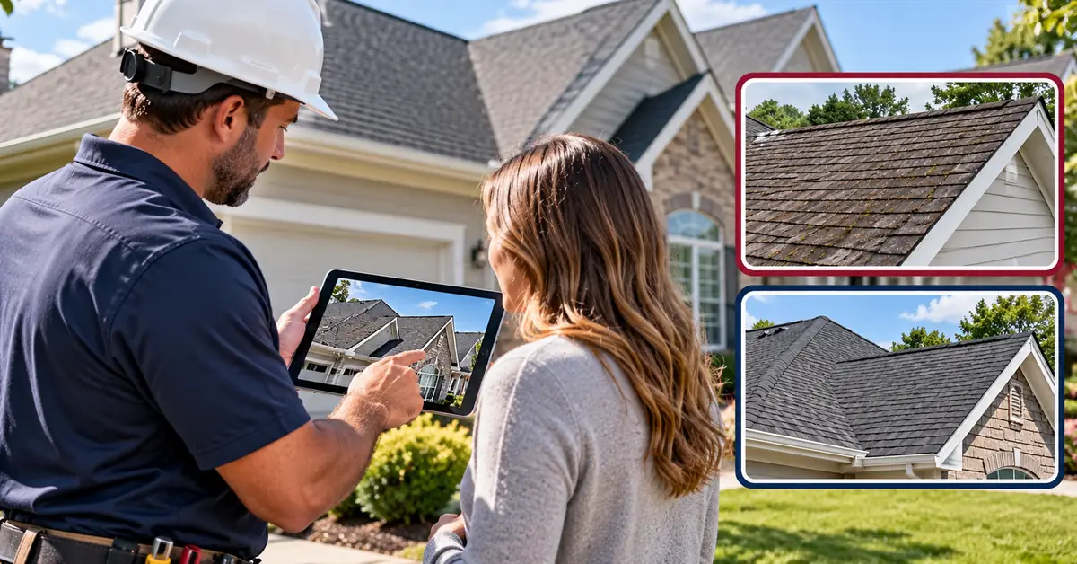 Contractor shows a homeowner roof photographs from a completed inspection