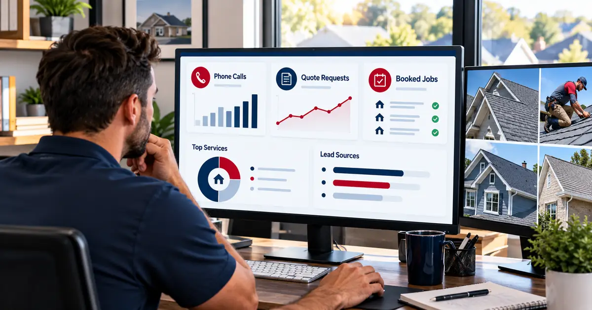 Illustrative roofing lead dashboard showing calls, estimate requests and booked jobs