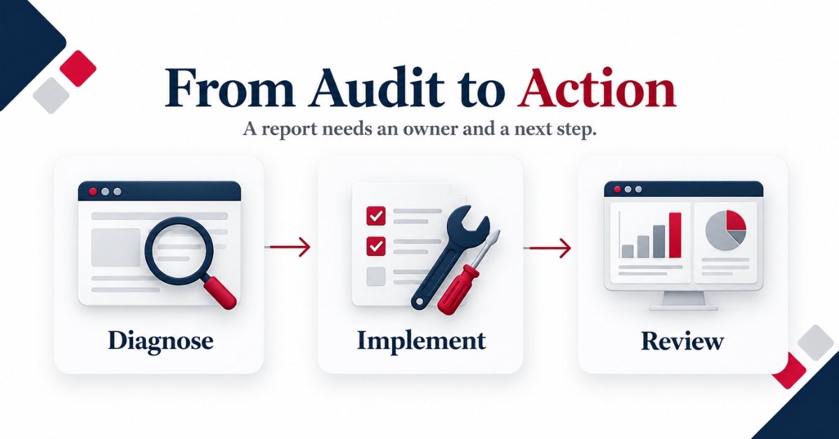 SEO audit workflow: diagnose issues, implement improvements, and review results.