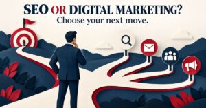Business owner choosing between search, email, social and advertising channels.