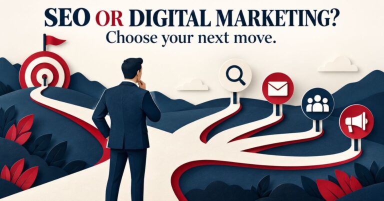 Business owner choosing between search, email, social and advertising channels.