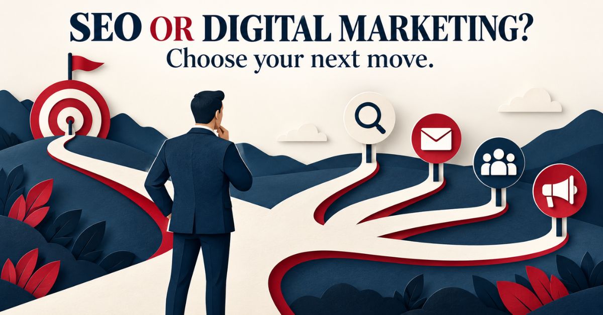 Business owner choosing between search, email, social and advertising channels.