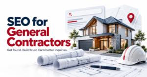 Illustration of a house, construction plans, and local search symbols for general contractor SEO.