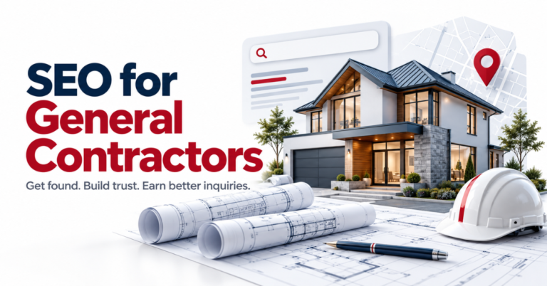 Illustration of a house, construction plans, and local search symbols for general contractor SEO.