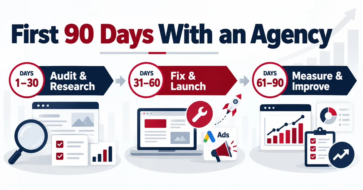 Illustrative first 90 days with an agency: audit and research, fix and launch, then measure and improve.