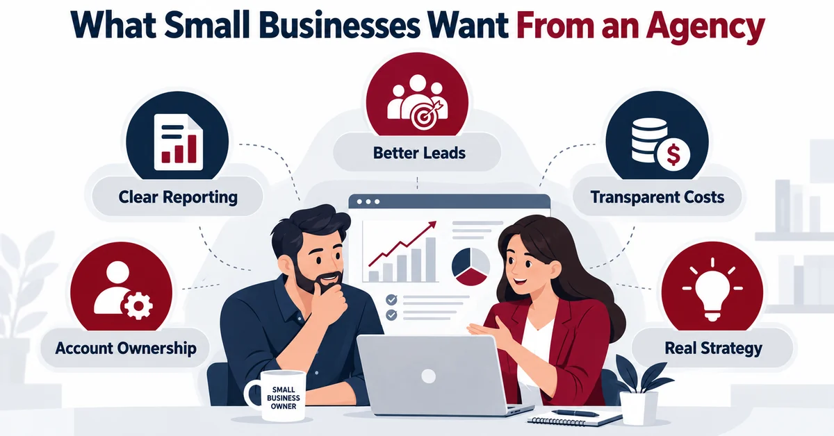 Small business agency priorities: clear reporting, better leads, transparent costs, account ownership and real strategy.