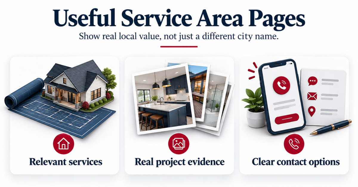 Service-area page illustration highlighting relevant services, real project evidence, and clear contact options.