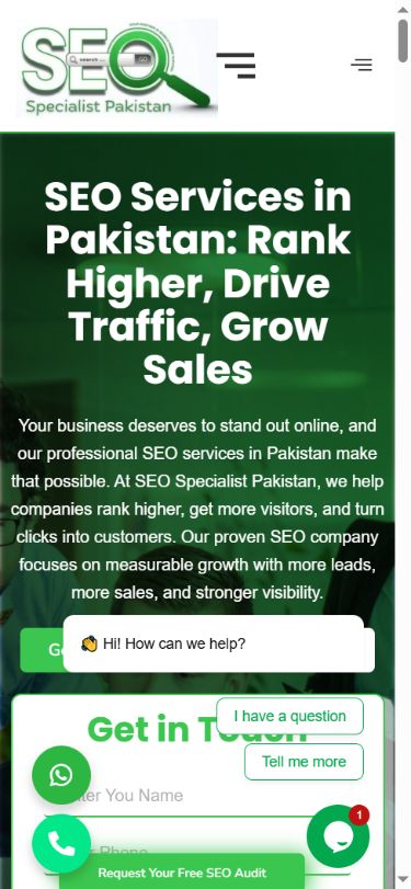 Mobile view of SEO Specialist Pakistan’s homepage with contact actions and chat overlays.